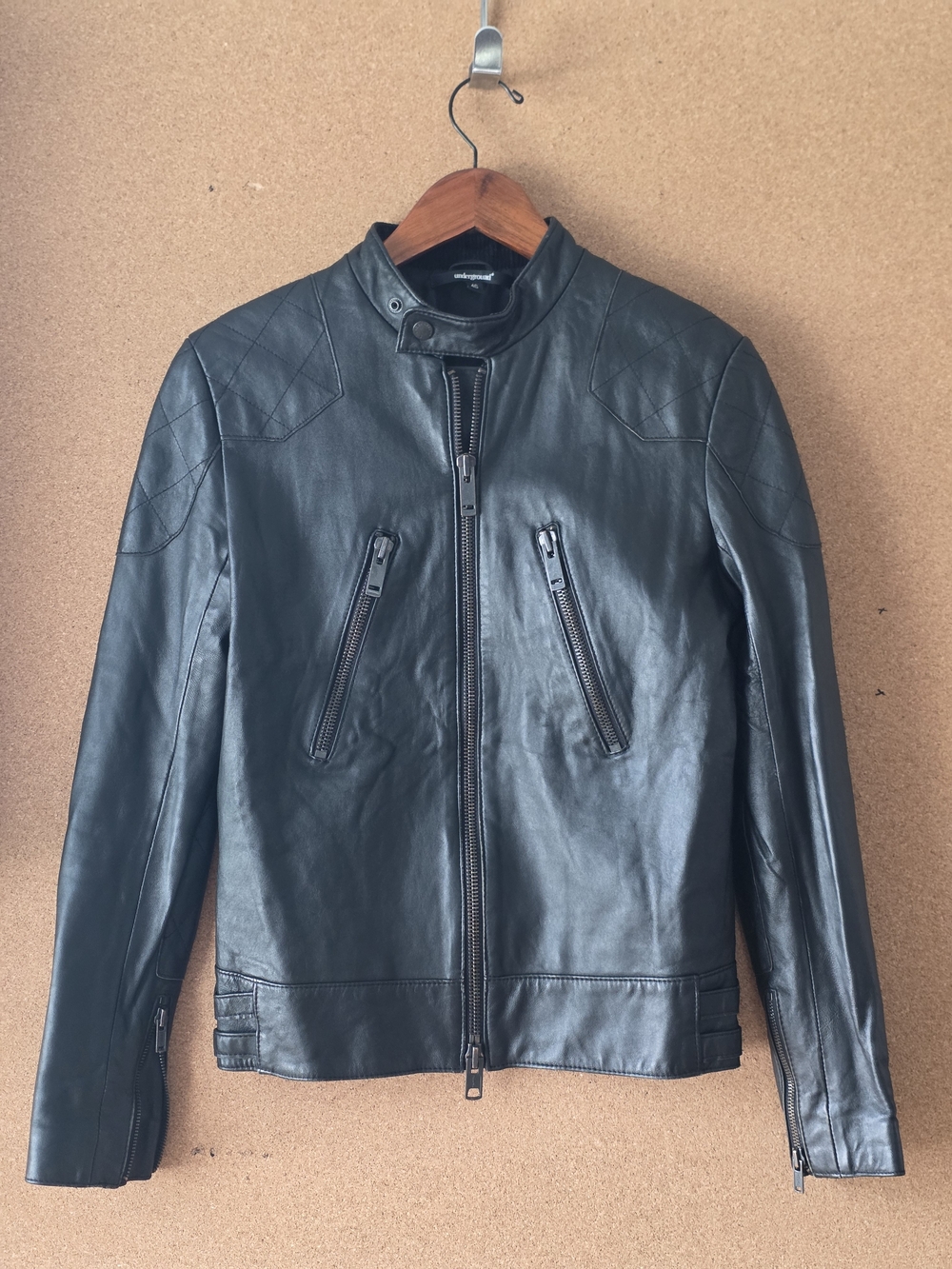 Underground Black Leather 5-Zip Moto Biker Jacket Slim Fit - Size M
